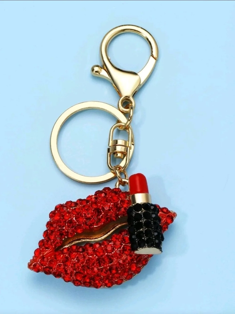 Gold-Tone Key & Card Holder Charm with Red Crystal Lip and Lipstick Accent